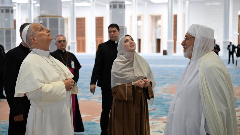 Pope Leo XIV stands with guests at the Great Mosque of Algiers, Monday, April 13, 2026. | Credit: Vatican Media