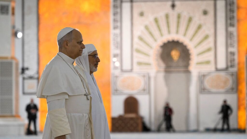 Pope Leo XIV stands with Rector Mohamed Mamoun Al Qasimi at the Great Mosque in Algiers, Monday, April 13, 2026. | Credit: Vatican Media
