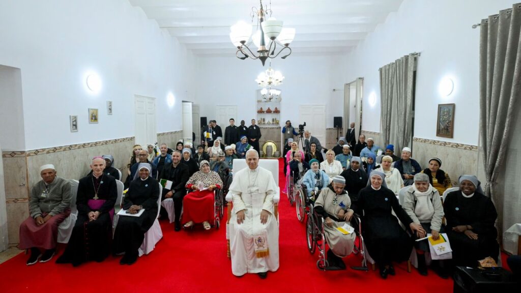 Pope Leo XIV visits with residents of a care home for the elderly in Annaba, Algeria, Tuesday, April 14, 2026. | Credit: Vatican Media