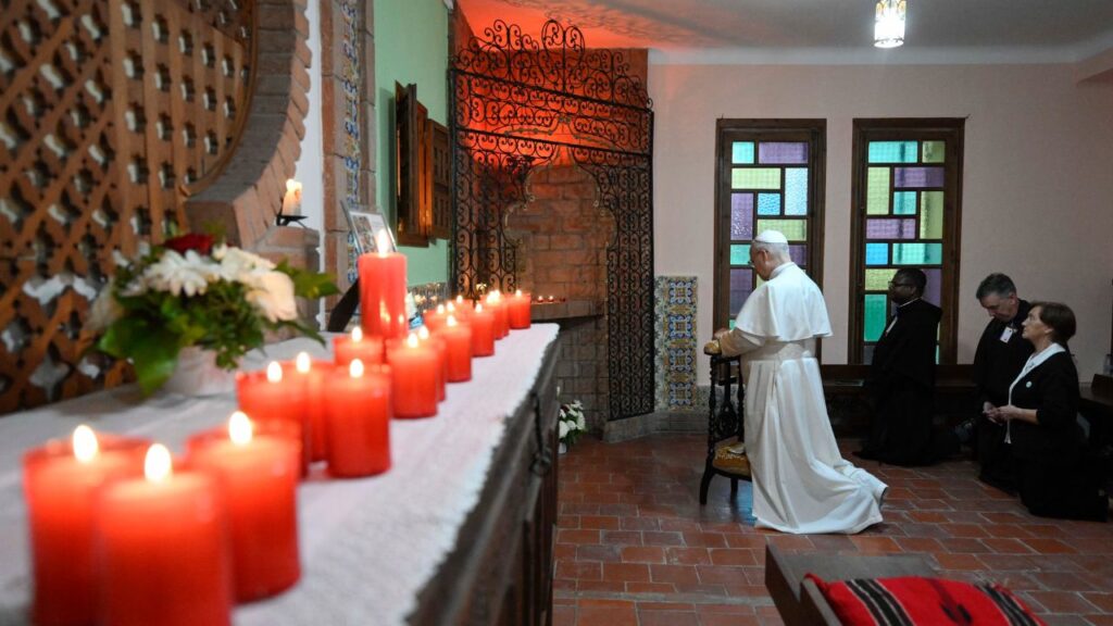 Pope Leo XIV prays at the Augustinian Missionary Sisters' Center for Hospitality and Friendship near Algiers, Algeria, Monday, April 13, 2026. | Credit: Vatican Media
