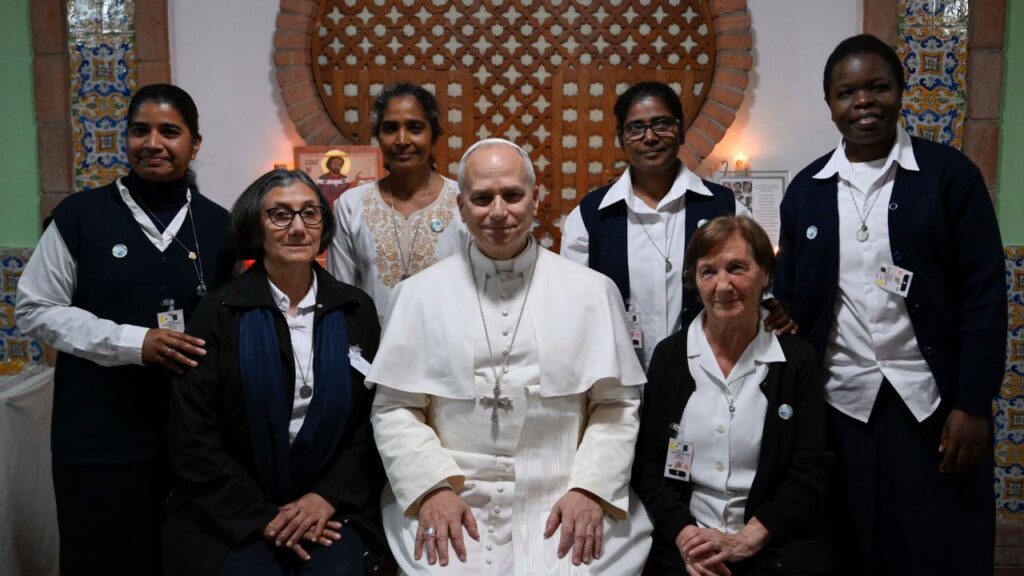 Pope Leo XIV meets with members of the Augustinian Missionary Sisters’ Center for Hospitality and Friendship near Algiers, Algeria, Monday, April 13, 2026. | Credit: Vatican Media