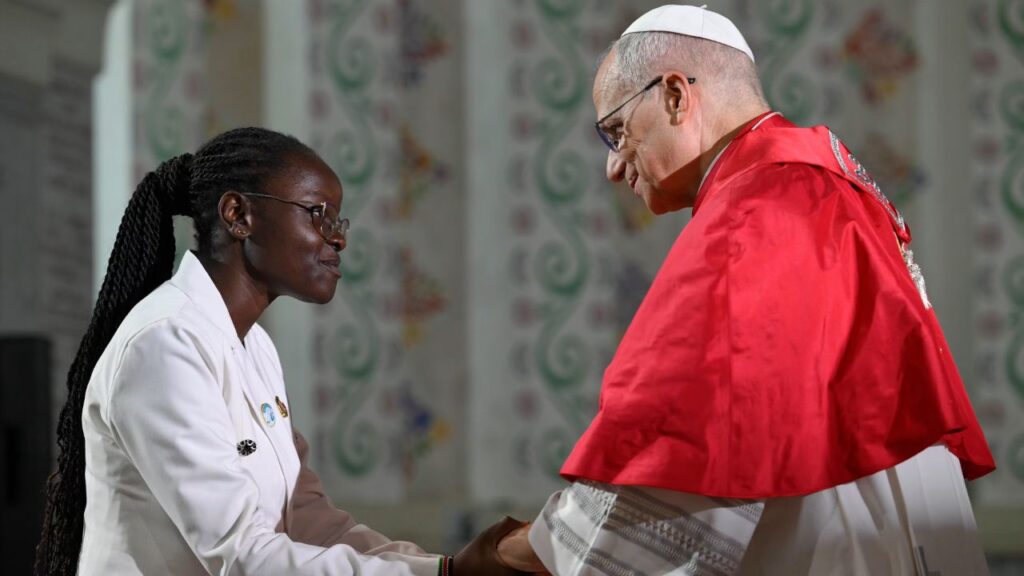 Pope Leo XIV greets a member of the Algerian Catholic community at the Basilica of Our Lady of Africa in Algiers, Algeria, Monday, April 13, 2026. | Credit: Vatican Media