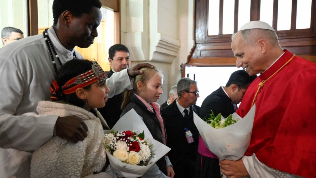 Pope Leo XIV greets young Catholics at the Basilica of Our Lady of Africa in Algiers, Algeria, Monday, April 13, 2026. | Credit: Vatican Media
