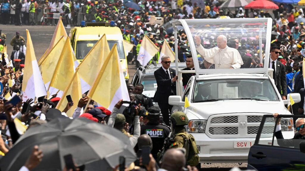 Pope Leo XIV greets crowds in Douala, Cameroon, on Friday, April 17, 2026. | Credit: Vatican Media
