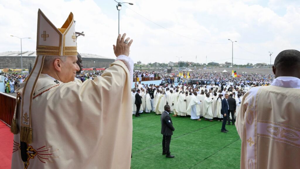 Pope Leo XIV greets clergy and thousands of faithful at Japoma Stadium in Douala, Cameroon, on Friday, April 17, 2026. | Credit: Vatican Media