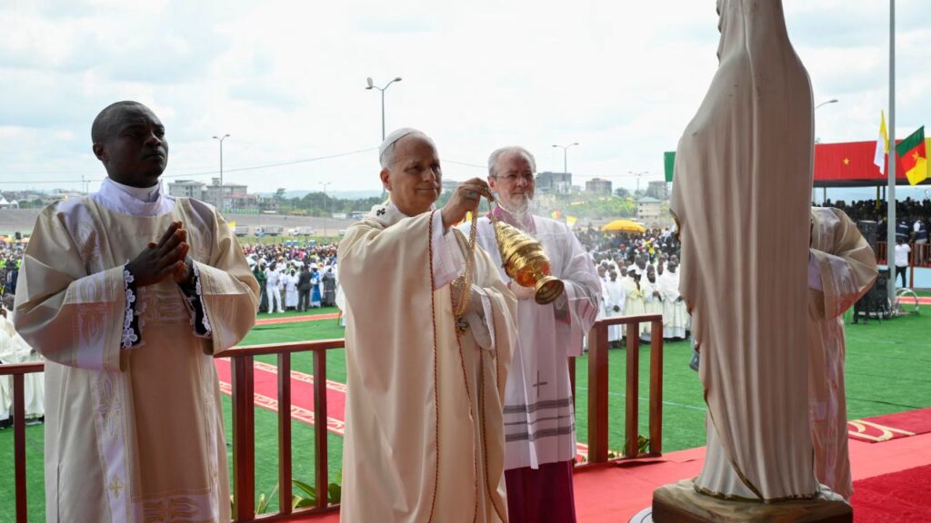 Pope Leo XIV incenses a statue of the Blessed Mother at Japoma Stadium during Mass on Friday, April 17, 2026. | Credit: Vatican Media
