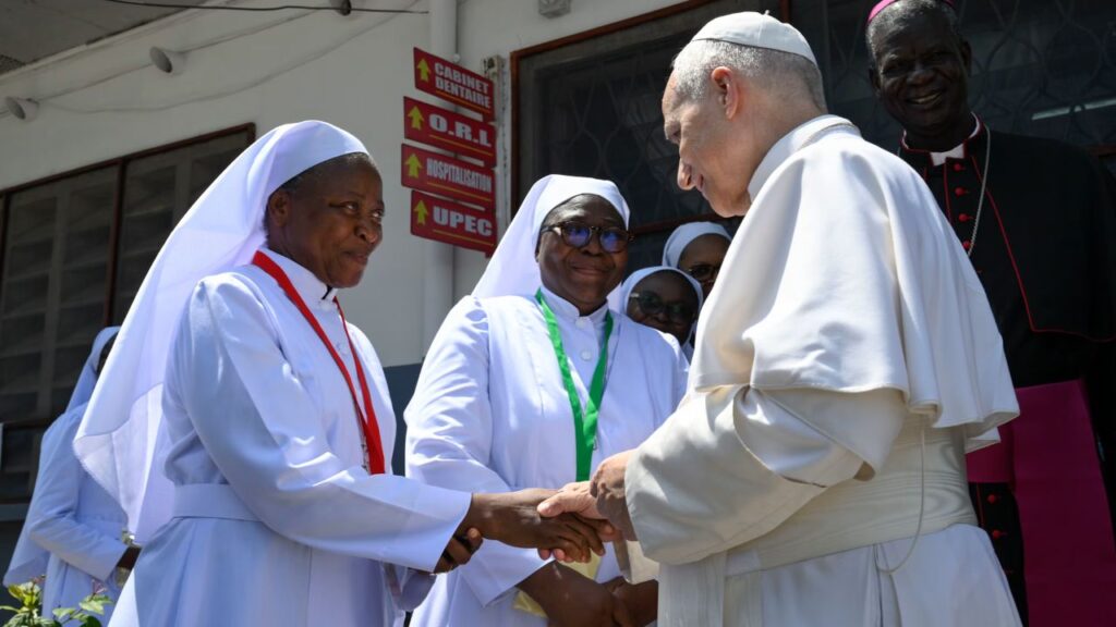 Pope Leo XIV greets religious sisters at St. Paul Catholic Hospital in Douala, Cameroon, on Friday, April 17, 2026. | Credit: Vatican Media