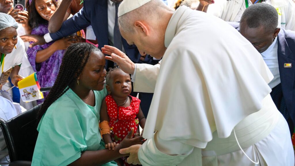 Pope Leo XIV blesses a mother and child at St. Paul Catholic Hospital in Douala, Cameroon, on Friday, April 17, 2026. | Credit: Vatican Media