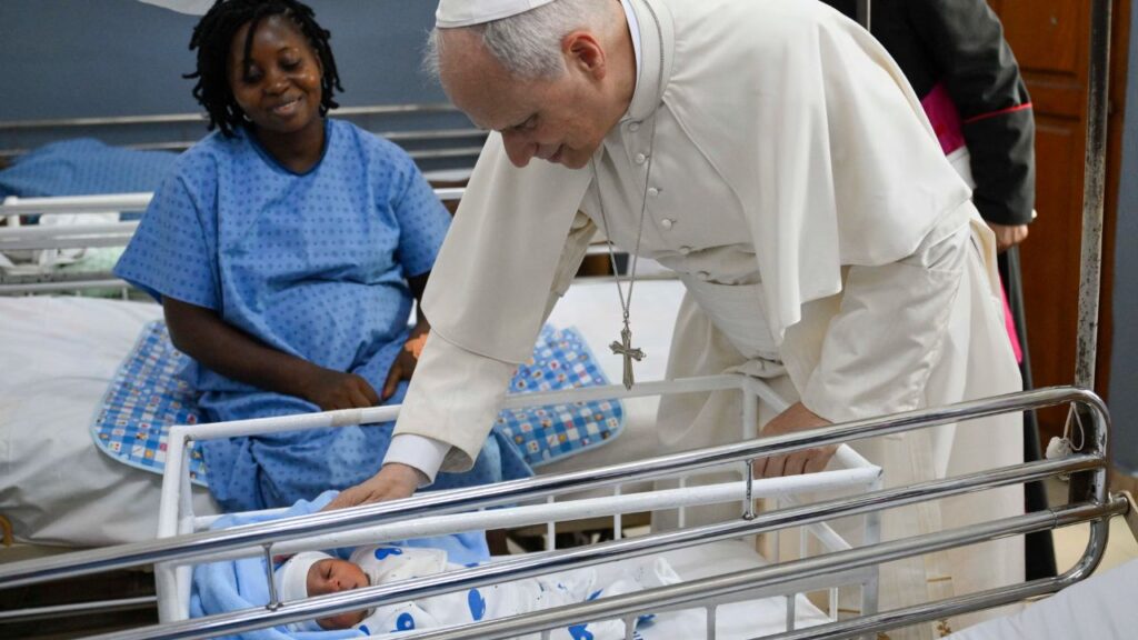 Pope Leo XIV blesses a newborn at St. Paul Catholic Hospital in Douala, Cameroon, on Friday, April 17, 2026. | Credit: Vatican MediaPope Leo XIV blesses a newborn at St. Paul Catholic Hospital in Douala, Cameroon, on Friday, April 17, 2026. | Credit: Vatican Media
