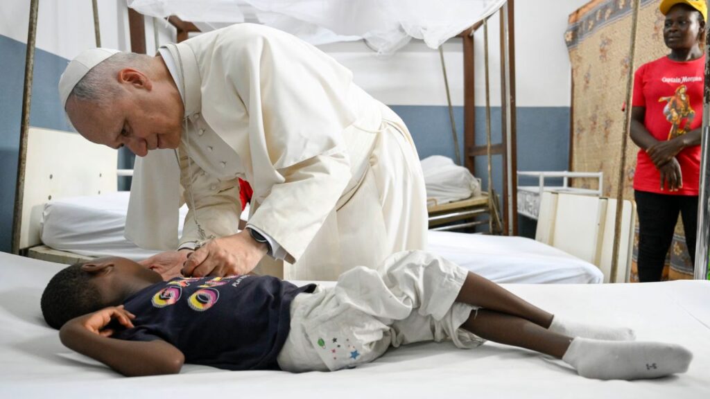 Pope Leo XIV blesses a child at St. Paul Catholic Hospital in Douala, Cameroon, on Friday, April 17, 2026. | Credit: Vatican Media