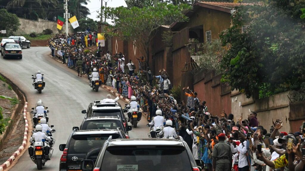 Pope Leo XIV waves to crowds in Yaoundé, Cameroon, on Friday, April 17, 2026. | Credit: Vatican Media