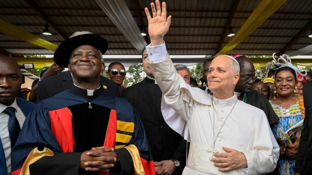 Pope Leo XIV greets crowds at the Catholic University of Central Africa in Yaoundé, Cameroon, on Friday, April 17, 2026. | Credit: Vatican Media