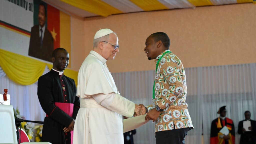 Pope Leo XIV greets a student at the Catholic University of Central Africa in Yaoundé, Cameroon, on Friday, April 17, 2026. | Credit: Vatican Media