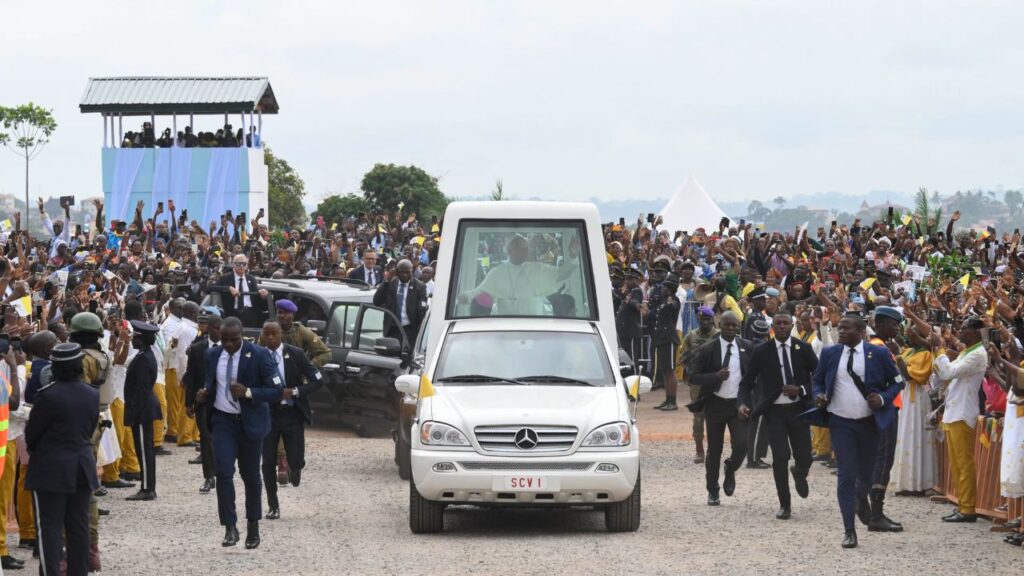 Pope Leo XIV waves to Catholics while at Yaoundé-Ville Airport to say Holy Mass, Cameroon, Saturday, April 18, 2026. | Credit: Vatican Media