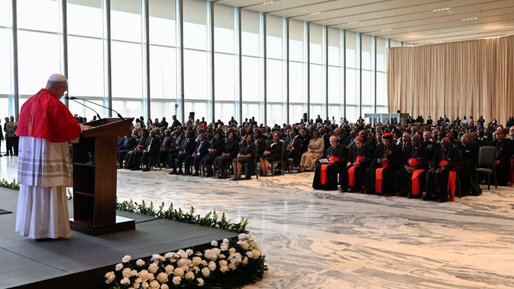 Pope Leo XIV speaks to government officials and civil leaders in Luanda, Angola, Saturday, April 18, 2026. | Credit: Vatican Media