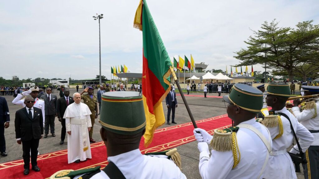 Pope Leo XIV views a farewell ceremony at Yaoundé-Nsimalen International Airport in Cameroon, Saturday, April 18, 2026. | Credit: Vatican Media