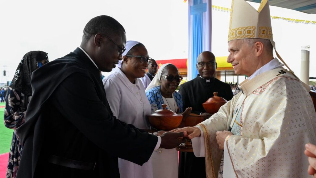 Pope Leo XIV greets Catholics during Holy Mass at Yaoundé-Ville Airport in Cameroon, Saturday, April 18, 2026. | Credit: Vatican Media