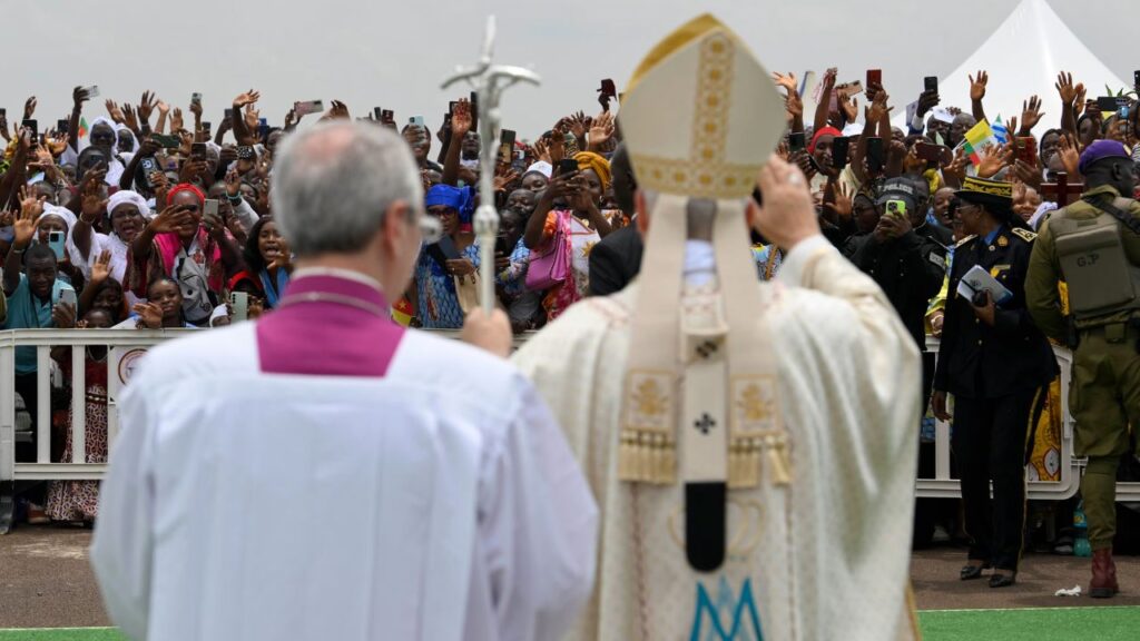 Pope Leo XIV waves to Catholics during Holy Mass at Yaoundé-Ville Airport in Cameroon, Saturday, April 18, 2026. | Credit: Vatican Media