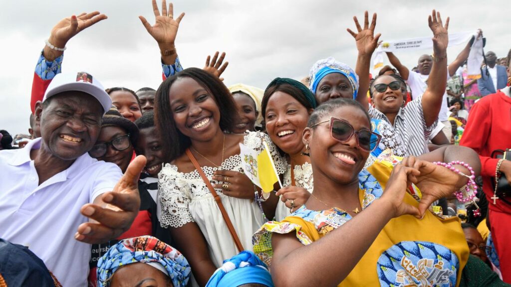 Catholics smile and wave during a papal Holy Mass at Yaoundé-Ville Airport in Cameroon, Saturday, April 18, 2026. | Credit: Vatican Media