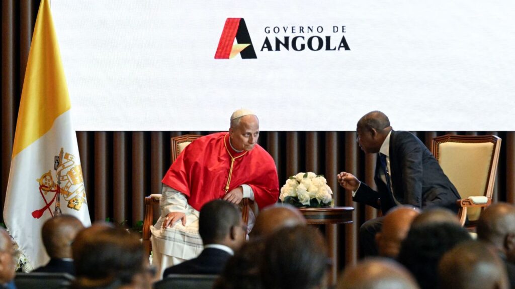 Pope Leo XIV speaks to Angolan President João Manuel Gonçalves Lourenço during a meeting with government officials and civil leaders in Luanda, Angola, Saturday, April 18, 2026. | Credit: Vatican Media