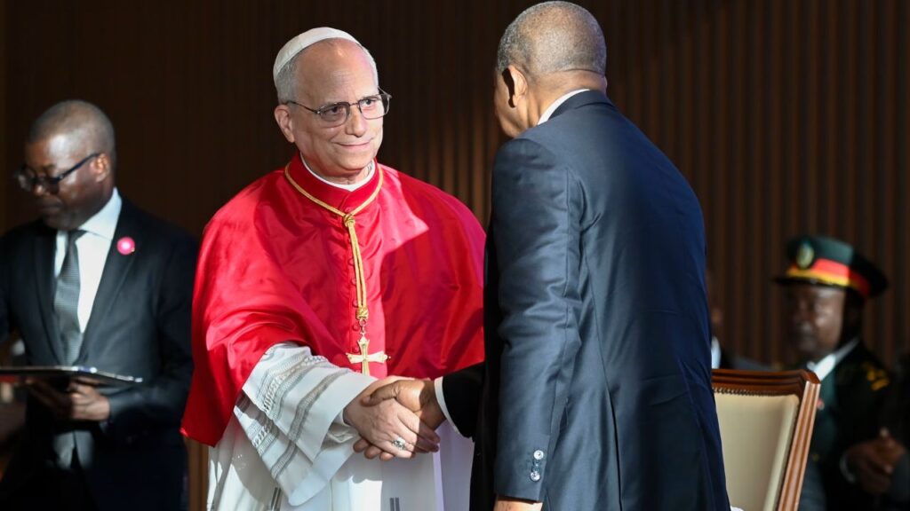 Pope Leo XIV shakes hands with Angolan President João Manuel Gonçalves Lourenço during a meeting with government officials and civil leaders in Luanda, Angola, Saturday, April 18, 2026. | Credit: Vatican Media
