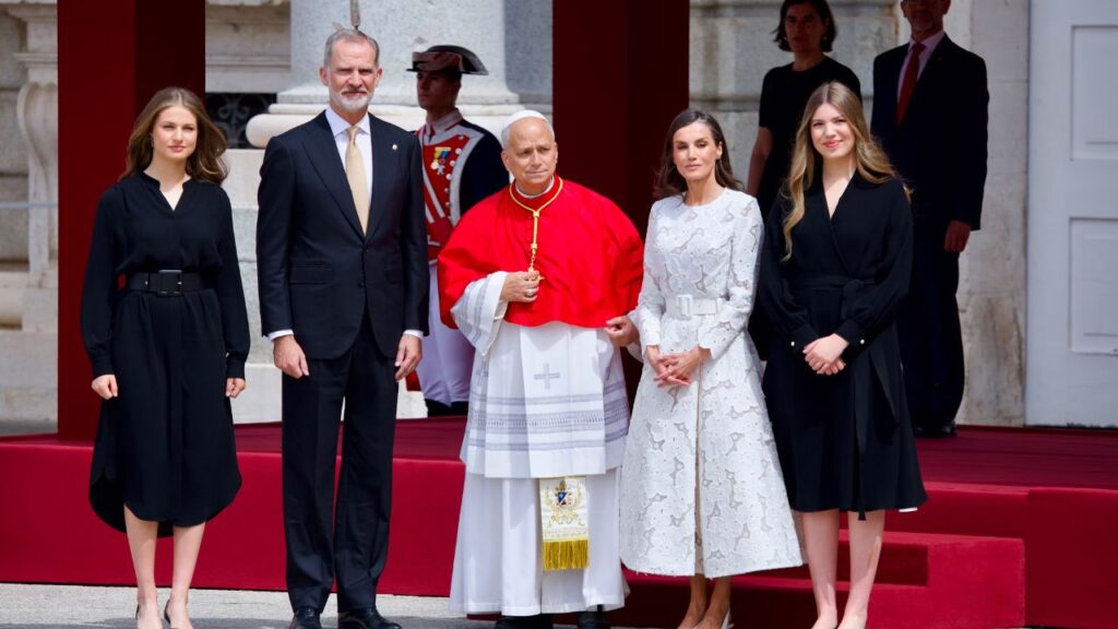 Pope Leo XIV is welcomed to Spain by King Felipe VI, Queen Letizia, and their daughters Princess Leonor and Infanta Sofia, in a welcome ceremony at the Royal Palace in Madrid. | Credit: Daniel Ibanez/EWTN News