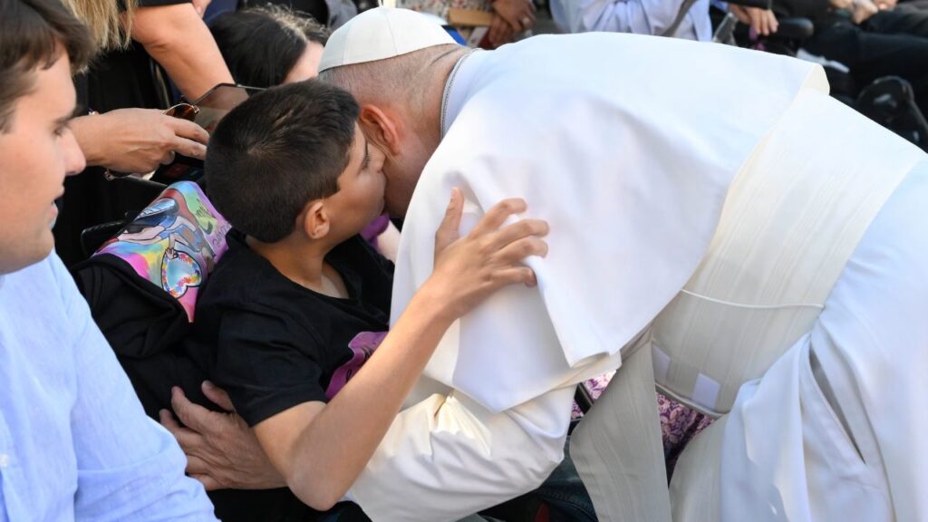 Pope Leo XIV hugs a boy during a meeting with a group of around 40 people with longterm illnesses or disabilities on June 6, 2026, at the nunciature in Madrid, Spain. | Credit: Vatican Media. 