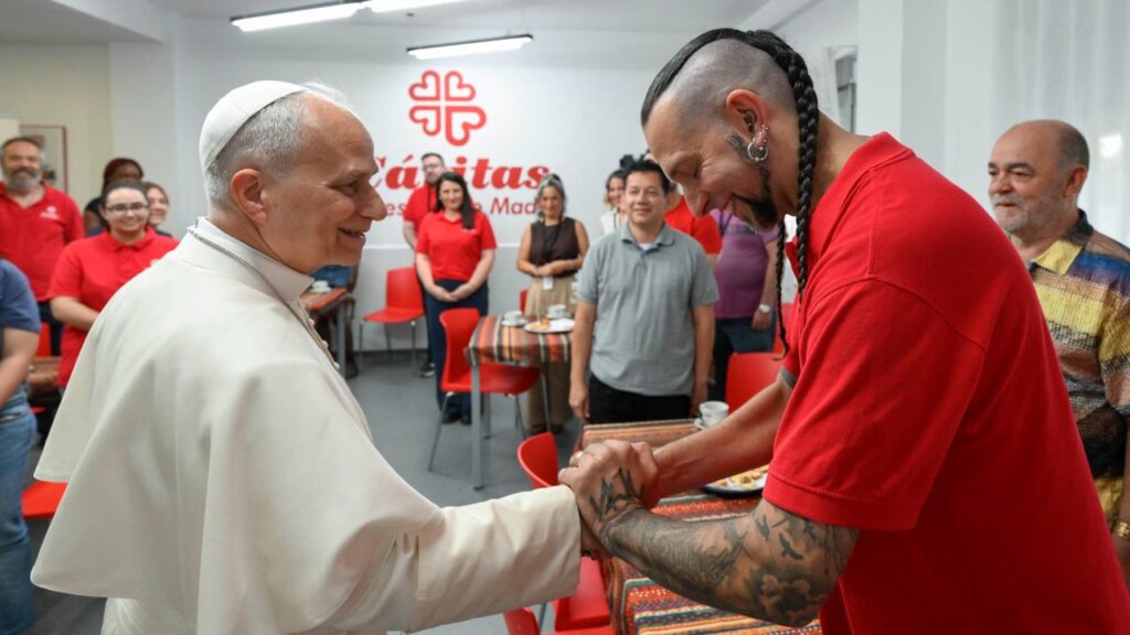 Pope Leo XIV meets staff and beneficiaries, including migrants, of the CEDIA 24 Horas center, part of the Caritas of the Archdiocese of Madrid in Spain on June 6, 2026. | Credit: Vatican Media 