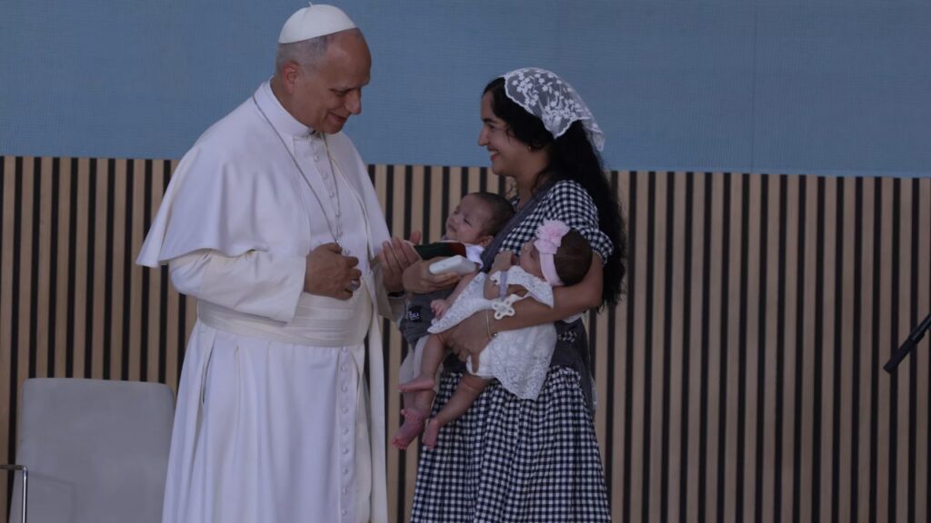 Pope Leo XIV meets a woman from Cuba and her twin babies during an encounter with staff and beneficiaries, including migrants, of the CEDIA 24 Horas center, part of the Caritas of the Archdiocese of Madrid in Spain on June 6, 2026. | Credit: Daniel Ibanez/EWTN News 