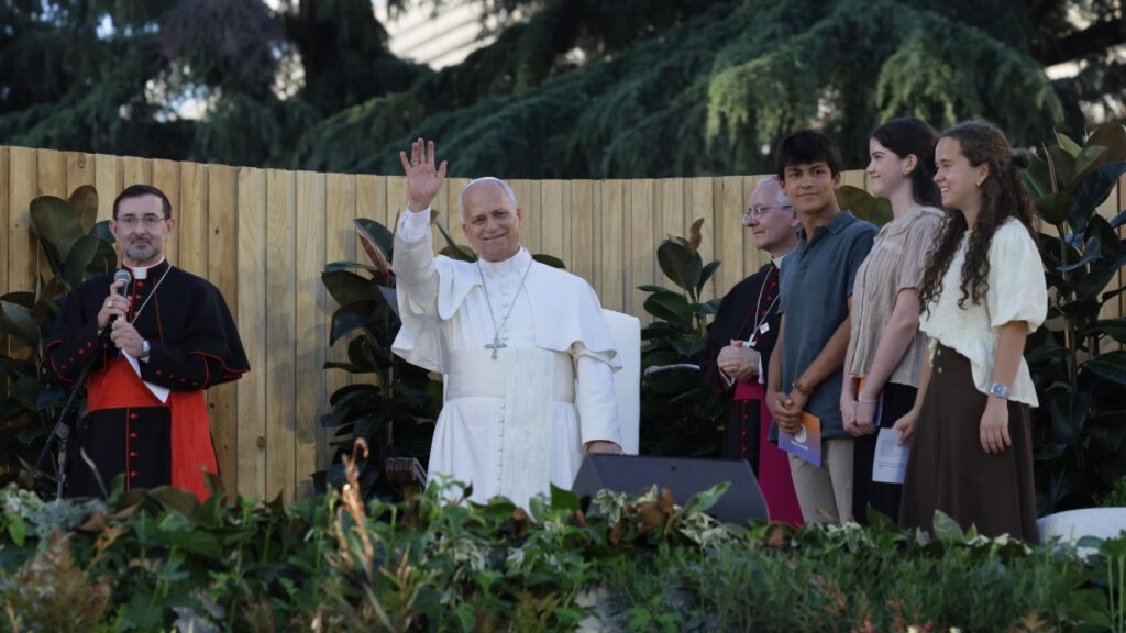 Pope Leo XIV greets young people at Madridʼs Plaza de Lima, June 6, 2026. The Holy Father began his six-day apostolic visit to Spain meeting with the countryʼs royalty and civil leaders along with hundreds of thousands of youth. | Credit: Daniel Ibáñez/EWTN News 