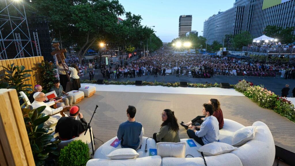 Pope Leo XIV speaks with young people at Madridʼs Plaza de Lima, June 6, 2026. The Holy Father began his six-day apostolic visit to Spain meeting with the countryʼs royalty and civil leaders along with hundreds of thousands of youth. | Credit: Vatican Media 