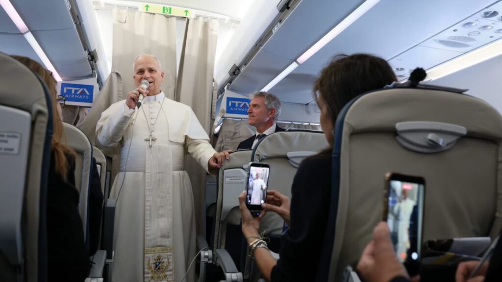 Pope Leo XIV speaks to journalists aboard the papal plane from Rome to Madrid on June 6, 2026. | Credit: Daniel Ibanez/EWTN News 