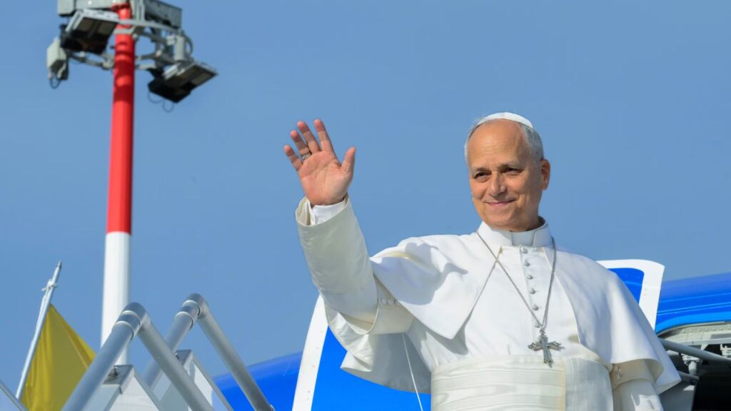 Pope Leo XIV waves as he prepares to board an ITA Airways flight to Spain on June 6, 2026. | Credit: Vatican Media 