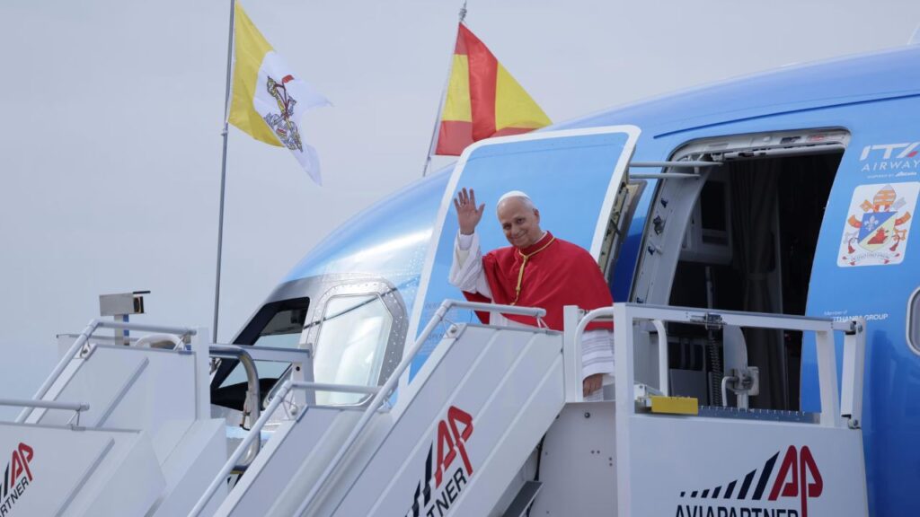Pope Leo XIV disembarks from an ITA Airways flight from Rome to Madrid, Spain, on June 6, 2026. | Credit: Daniel Ibanez/EWTN News 