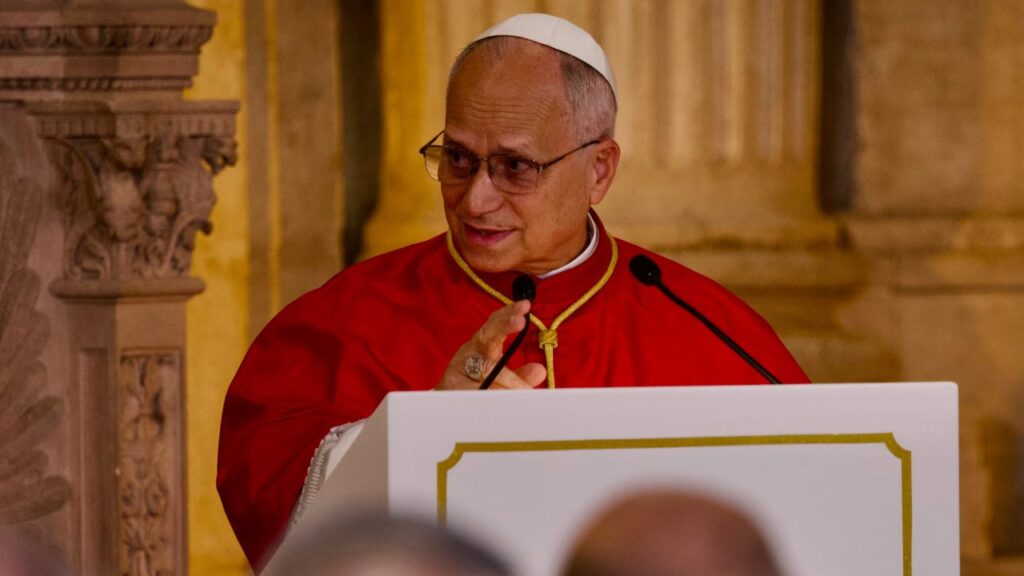 Pope Leo XIV addresses the king and queen of Spain, authorities, and the diplomatic corps at the Royal Palace in Madrid on June 6, 2026, the first day of his apostolic journey to Spain. | Credit: Daniel Ibanez/EWTN News 