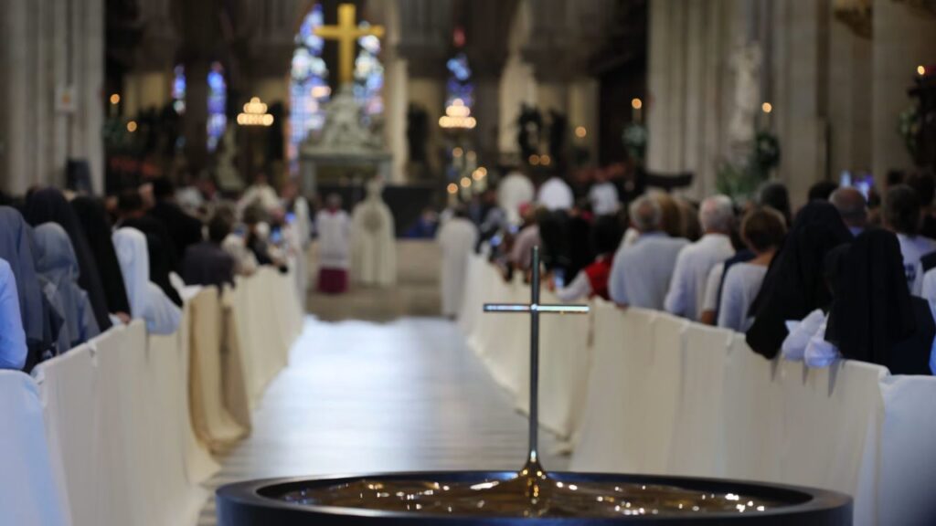 Seven years after a devastating fire nearly destroyed Notre-Dame Cathedral, Pope Leo XIV enters the restored cathedral Sept. 25, 2026 and celebrates Vespers in the first papal visit since the 2019 blaze.| Credit: Daniel Ibáñez/EWTN News
