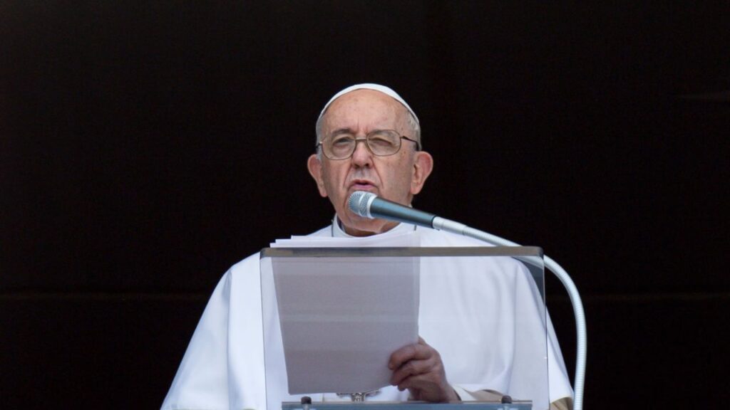 Pope Francis gives his weekly Angelus address on Sunday, Aug. 7, 2022. | Vatican Media