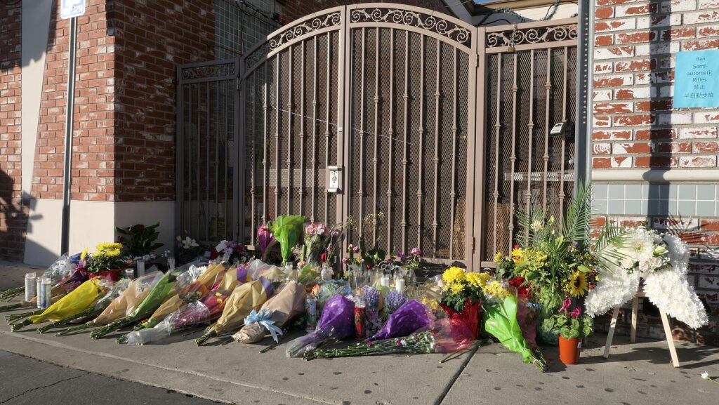 The makeshift memorial outside the Star Ballroom Dance Studio in Monterey Park, California, on Jan. 23, 2023. | Photo by Zedembee via Wikimedia Commons (CC BY-SA 4.0)