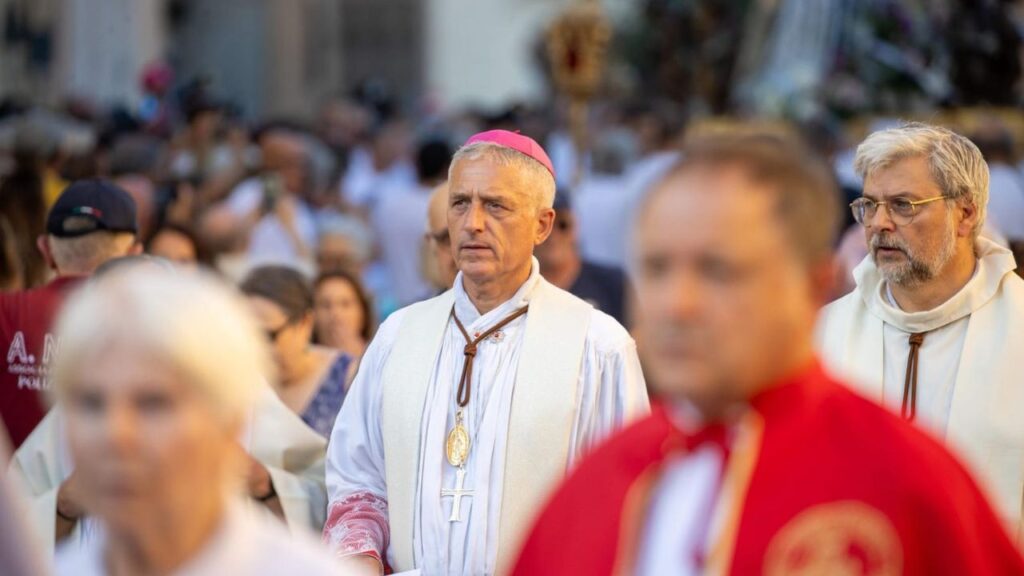 Msgr. Vittorio Francesco Viola Archbishop, Secretary of the Dicastery for Divine Worship and the Discipline of the Sacraments, presided over the procession through the streets of Trastevere accompanied by the Roma Capitale Local Police band. / Credit: Daniel Ibáñez/EWTN Vatican