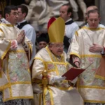 Cardinal Raymond Leo Burke celebrates a Pontifical Mass in the Extraordinary Form of the Roman Rite, at the Papal Basilica of Saint Peter, the Vatican, Saturday, Oct. 25, 2025. Credit: Daniel Ibáñez/EWTN