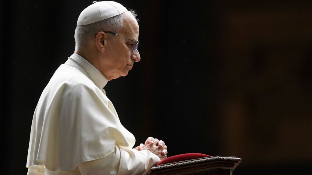 Pope Leo in prayer in St. Peter's Square. Credit: Vatican Media