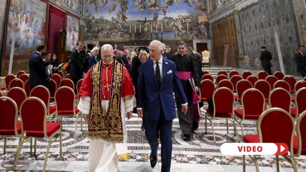 Pope Leo XIV and King Charles III walk together in the Sistine Chapel during a historic meeting that included a prayer service at the Vatican, Thursday, Oct. 23, 2025. | Credit: Vatican Media
