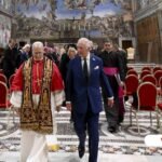 Pope Leo XIV and King Charles III walk together in the Sistine Chapel during a historic meeting that included a prayer service at the Vatican, Thursday, Oct. 23, 2025. | Credit: Vatican Media