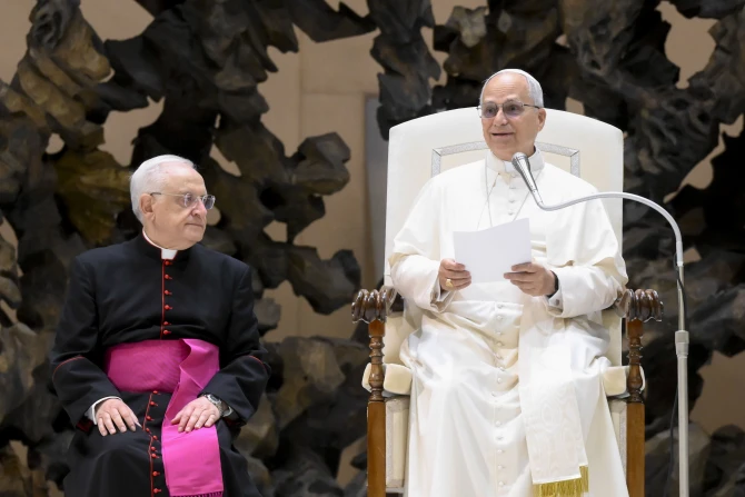 Pope Leo XIV addresses the Knights of the Holy Sepulchre at the Vatican on Oct. 23, 2025. | Credit: Vatican Media