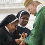 Two missionary nuns present the gifts to Pope Leo at the closing Mass for the Jubilee of Missions and Migrants. Credit: Vatican Media