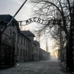 The sun rises over the main gate with the renowned sign “Arbeit Macht Frei” (“Work makes you free”) of the Museum of Auschwitz/Birkenau German Nazi concentration and extermination camp on the 80th anniversary of the liberation of the camp, Monday, Jan. 27, 2025. | Credit: Dominika Zarzycka/SOPA Images/LightRocket/Getty Images