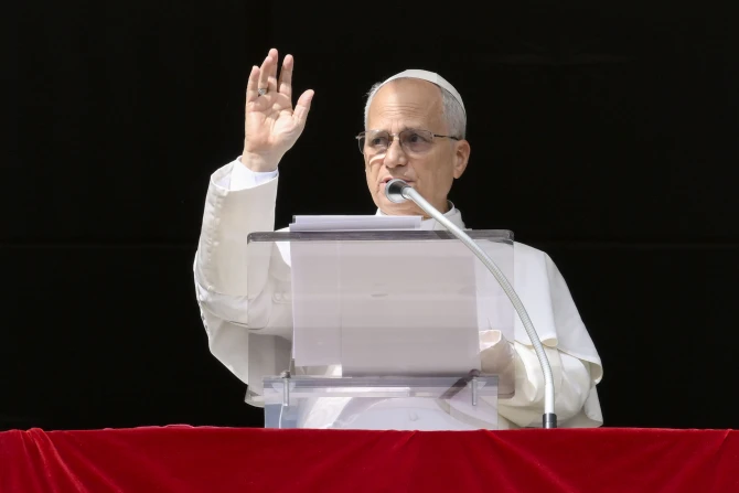 Pope Leo XIV waves to pilgrims gathered in St. Peter’s Square for his Sunday Angelus on Oct. 26, 2025, at the Vatican. | Credit: Vatican Media