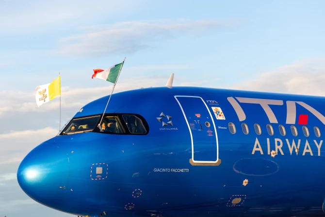 The flights for Pope Leo XIV's first apostolic journey are taking place aboard an ITA Airways Airbus A320neo, one of thousands of Airbus planes affected by a computer issue, Saturday, Nov. 29, 2025. | Credit: Daniel Ibanez/EWTN News.