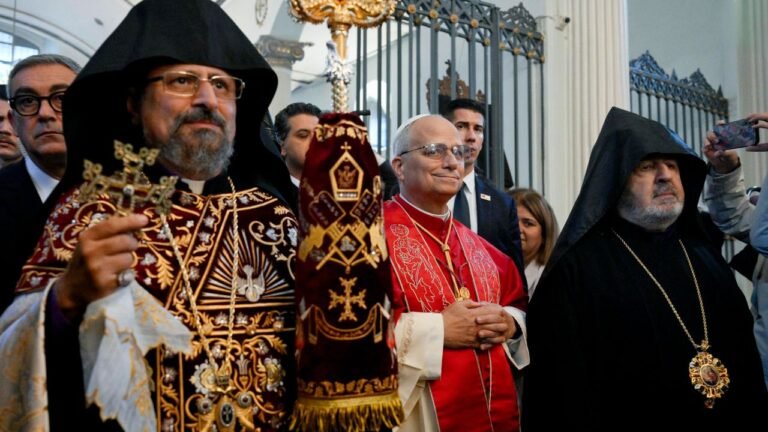 Pope Leo XIV with Armenian Patriarch Sahak II Mashalian at the Armenian Patriarchate of Constantinople in Istanbul, Turkey, on November 30, 2025. | Credit: Vatican Media