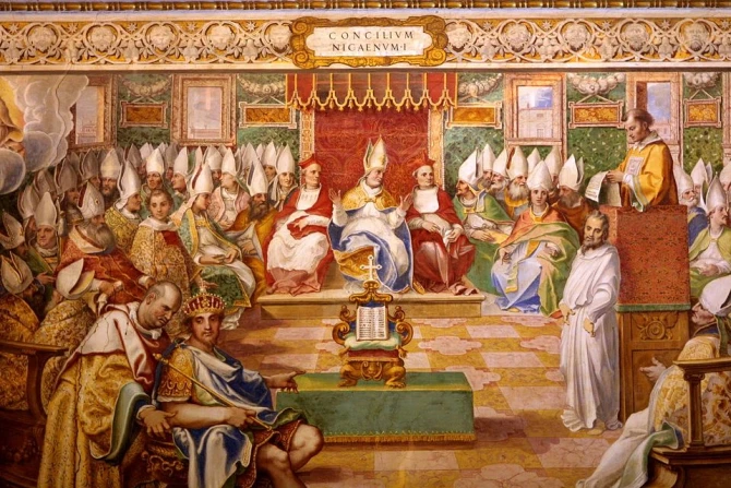 The Council of Nicaea in 325 as depicted in a fresco in Salone Sistino at the Vatican. | Credit: Giovanni Guerra (1544-1618), Cesare Nebbia (1534-1614) e aiuti, Public domain, via Wikimedia Commons